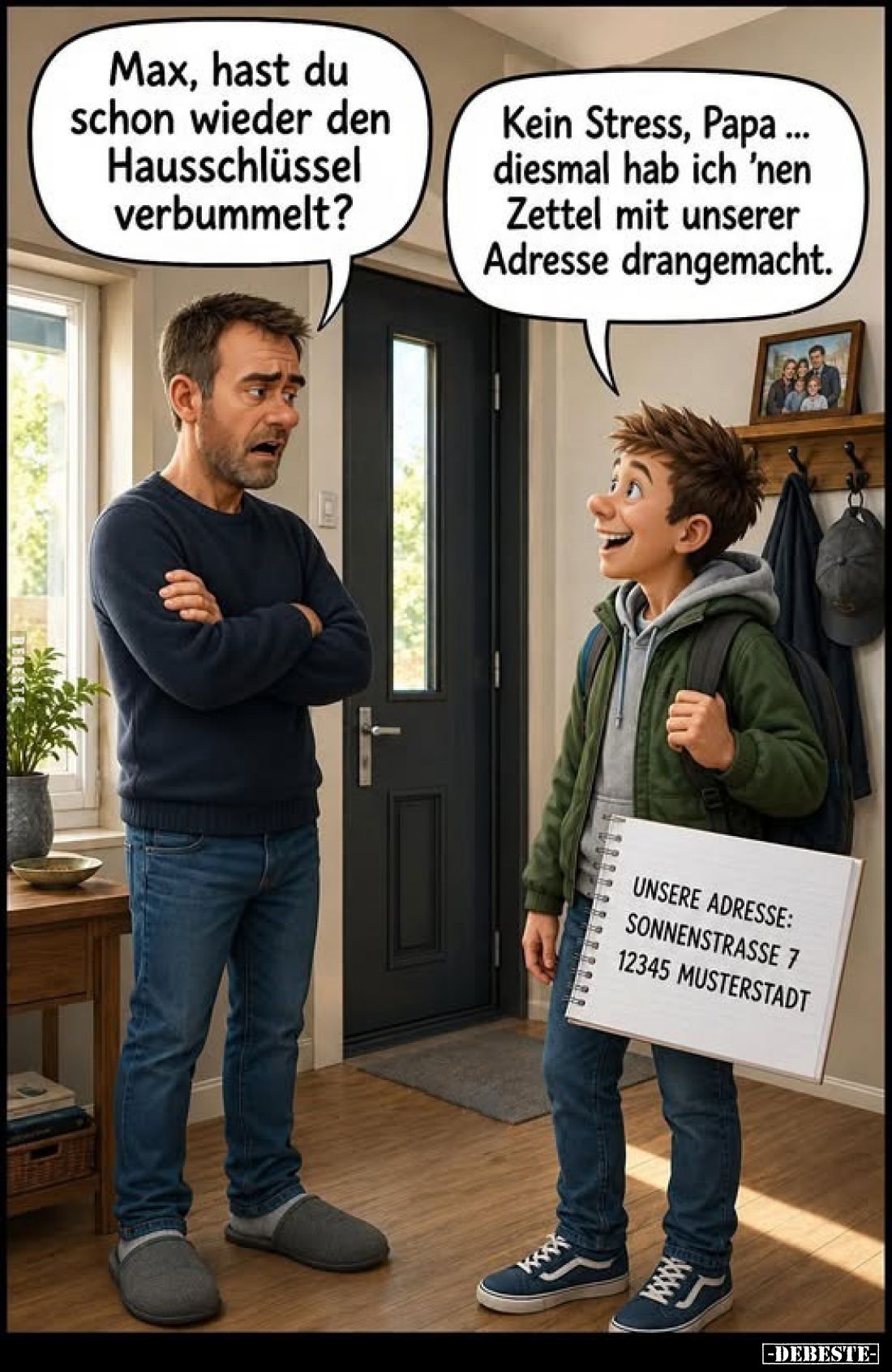 Max, hast du schon wieder den Hausschlüssel verbummelt?
-
Kein Stress, Papa ... diesmal hab ich 'nen Zettel mit unserer Adr...