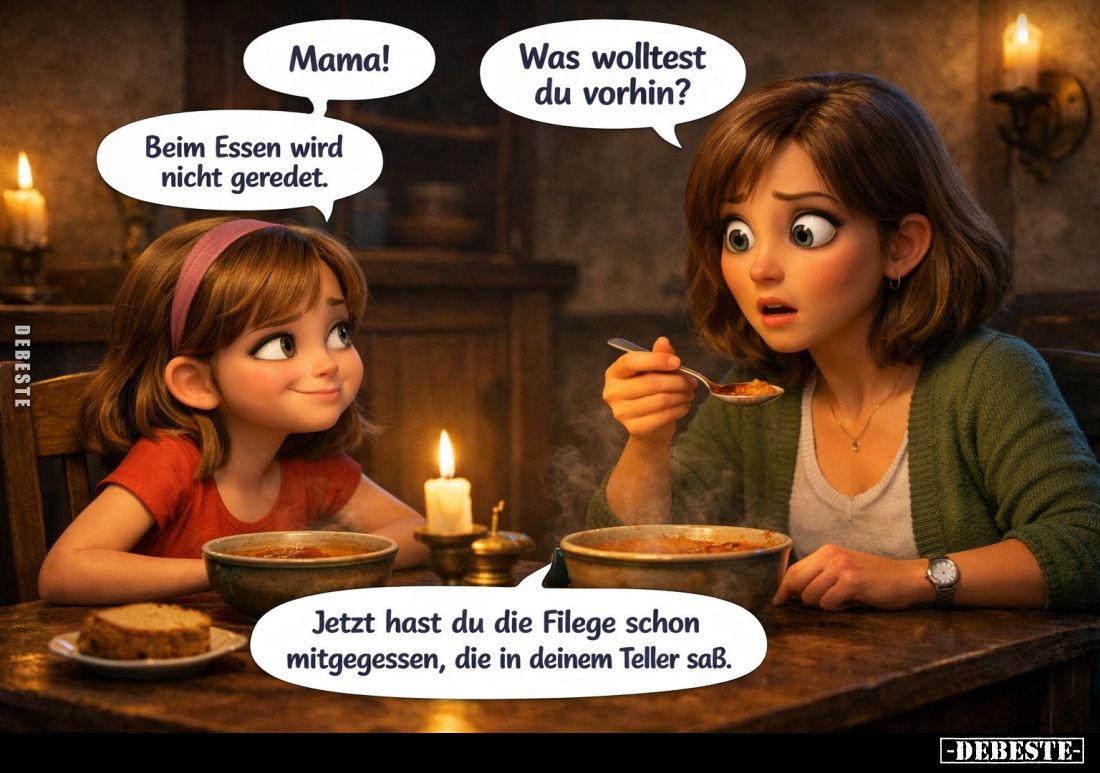 Mama!
Beim Essen wird nicht geredet. -
Was wolltest du vorhin? -
Jetzt hast du die Filege schon mitgegessen, die in deinem...