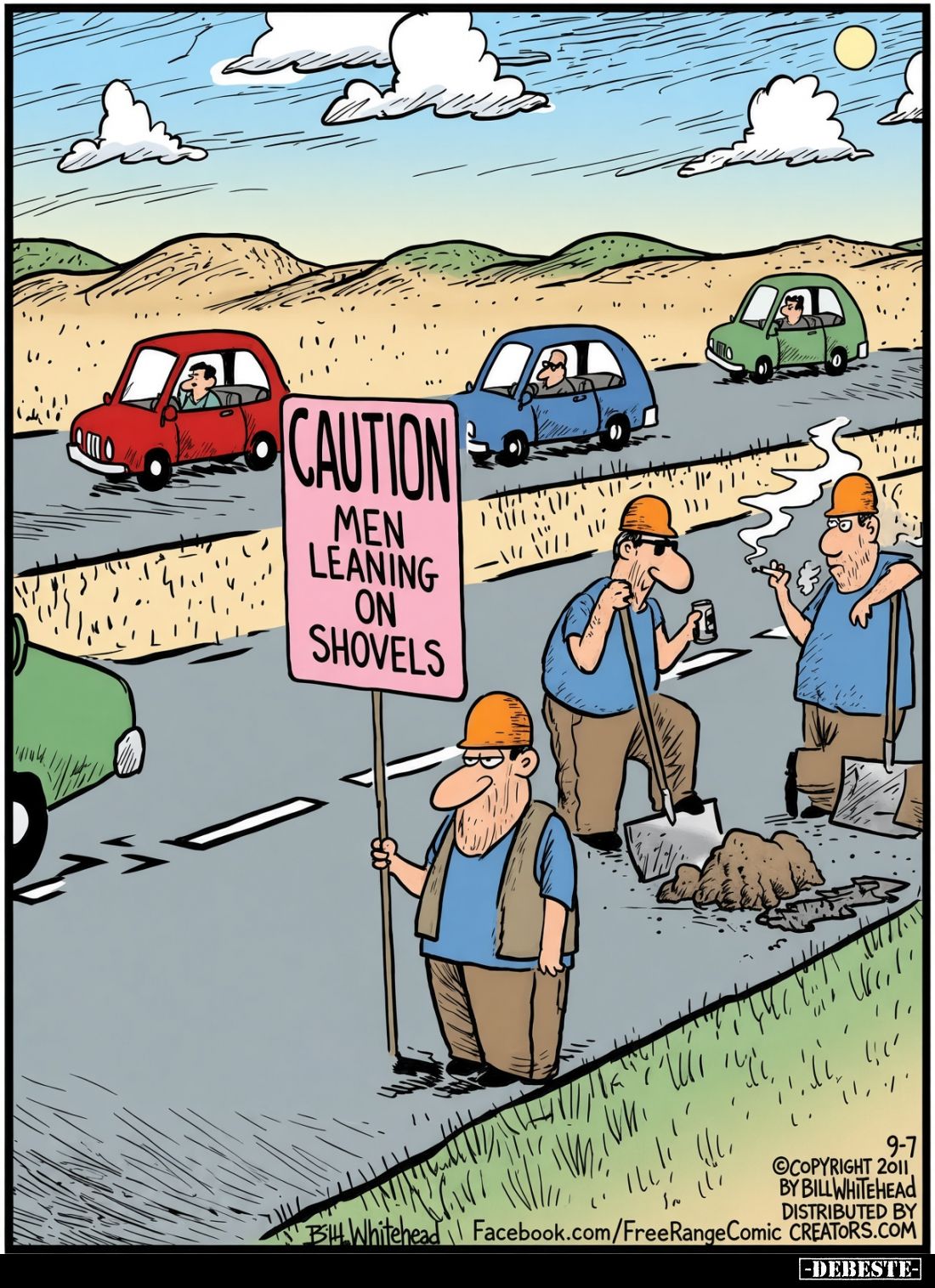 Caution
men leaning on shovels.