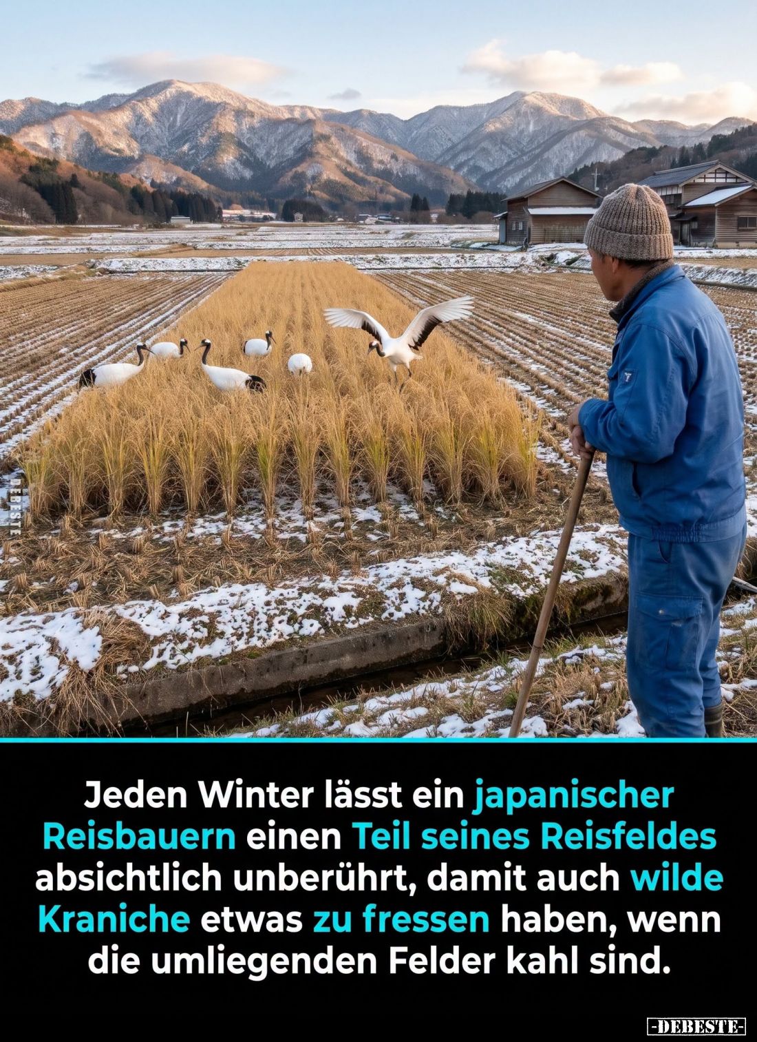 Jeden Winter lässt ein japanischer Reisbauern einen Teil seines Reisfeldes absichtlich unberührt, damit auch wilde Kraniche e...