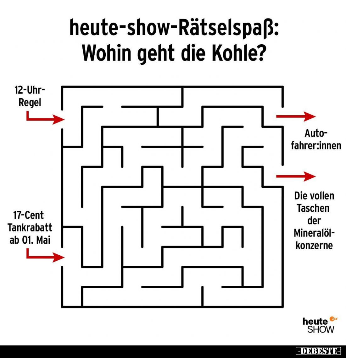 heute-show-Rätselspaß: Wohin geht die Kohle?
12-Uhr-Regel
17-Cent Tankrabatt ab 01. Mai
Autofahrer:innen
Die vollen Tasch...