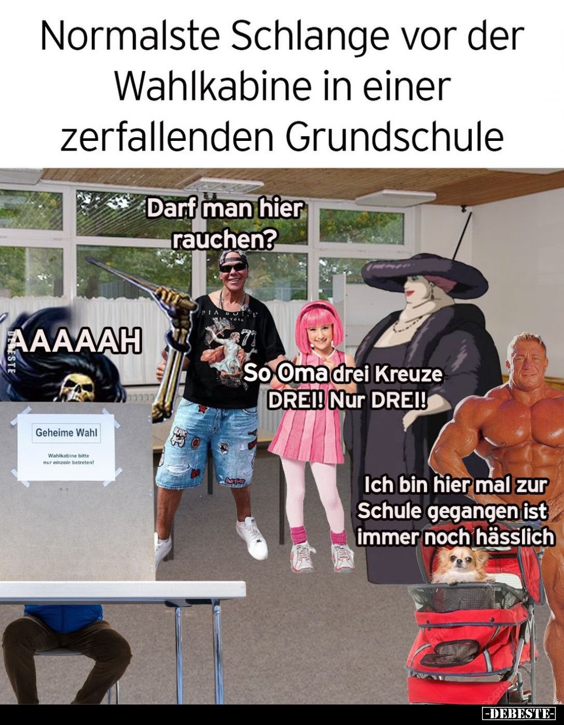 Normalste Schlange vor der Wahlkabine in einer zerfallenden Grundschule. Darf man hier rauchen?
So Oma drei Kreuze DREI! Nur...