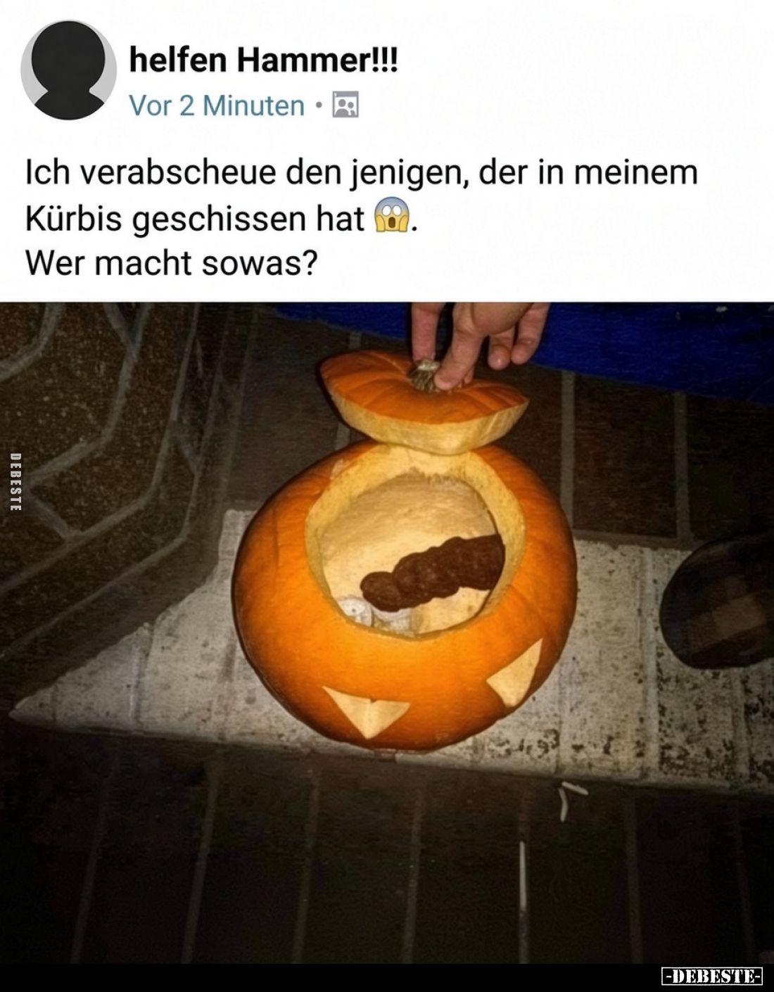 Ich verabscheue den jenigen, der in meinem Kürbis geschissen hat.
Wer macht sowas?