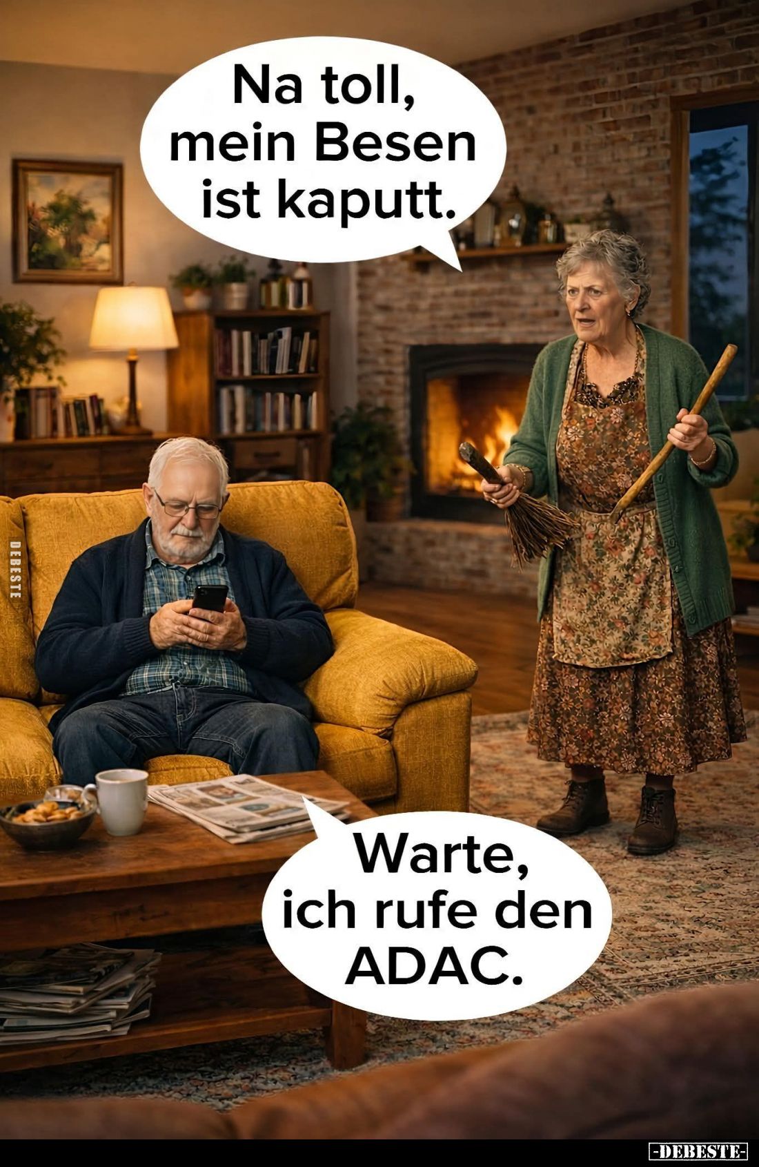 Na toll, mein Besen ist kaputt. -
Warte, ich rufe den ADAC.