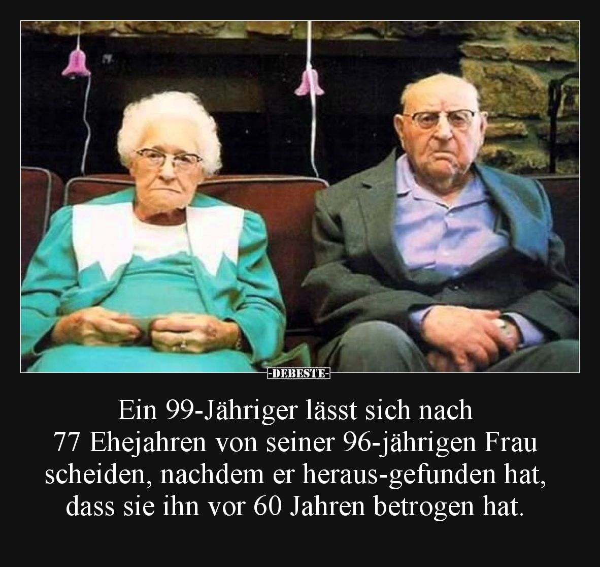 Ein 99-Jähriger lässt sich nach 77 Ehejahren von seiner 96-jährigen Frau scheiden, nachdem er heraus-gefunden hat, dass sie i...