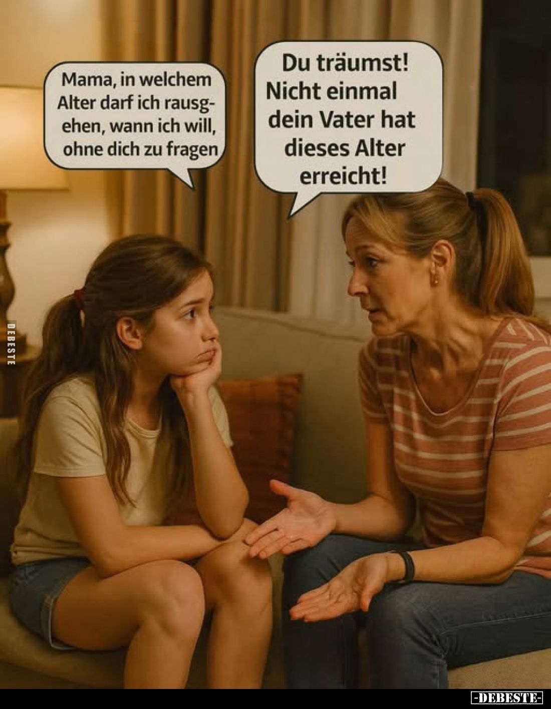 Mama, in welchem Alter darf ich rausgehen, wann ich will, ohne dich zu fragen
Du träumst! -
Nicht einmal dein Vater hat die...