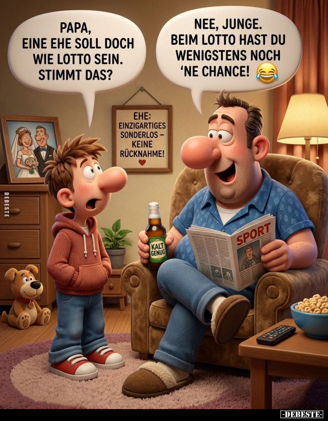 Papa, eine ehe soll doch wie Lotto sein. Stimmt das? -
Nee, junge. Beim Lotto hast du wenigstens noch 'ne Chance!
