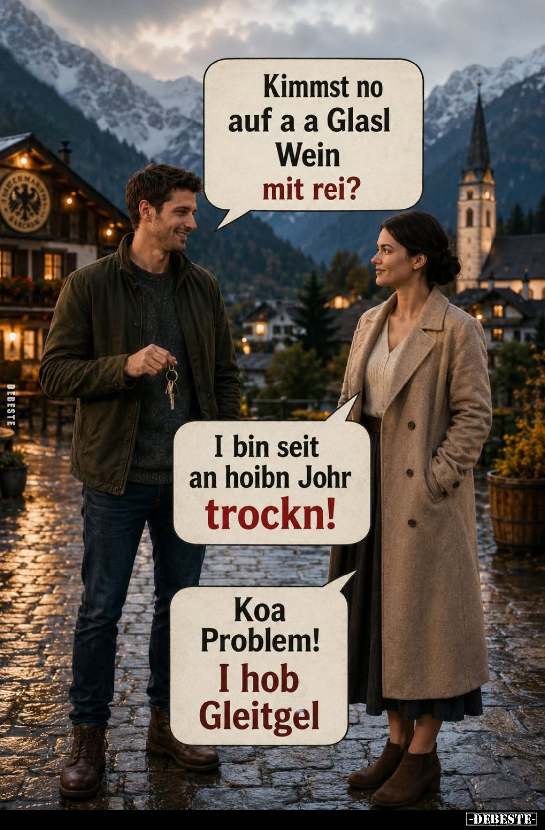 Kimmst no auf a a Glasl Wein mit rei? -
I bin seit an hoibn Johr trockn! -
Koa Problem! I hob Gleitgel.