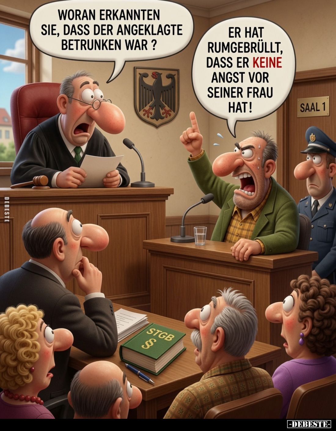 Woran erkannten Sie, dass der Angeklagte betrunken war?
Er hat rumgebrüllt, dass er keine Angst vor seiner Frau hat!