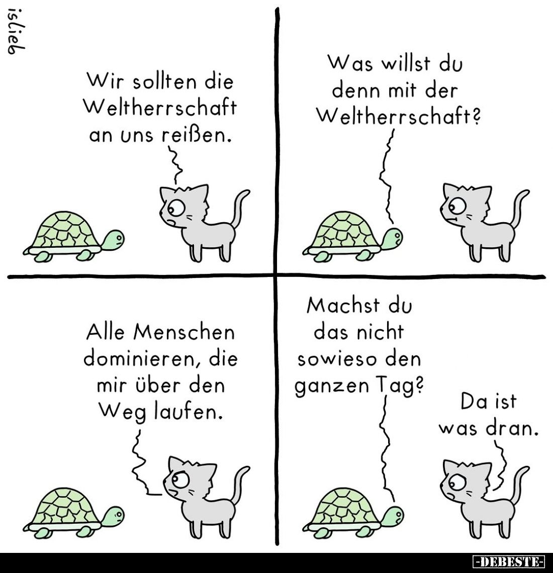 Wir sollten die Weltherrschaft an uns reißen.
Was willst du denn mit der Weltherrschaft?
Alle Menschen dominieren, die mir ...