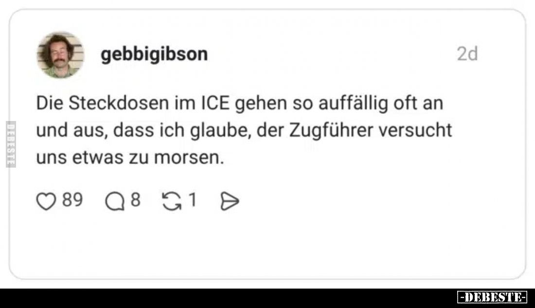 Die Steckdosen im ICE gehen so auffällig oft an und aus, dass ich glaube, der Zugführer versucht uns etwas zu mörsen.