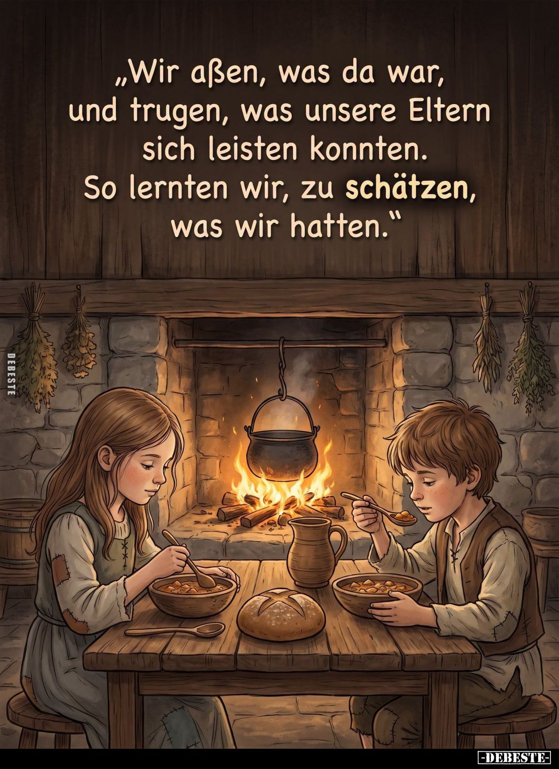 "Wir aßen, was da war,
und trugen, was unsere Eltern
sich leisten konnten.
So lernten wir, zu schätzen,
was wir hatt...