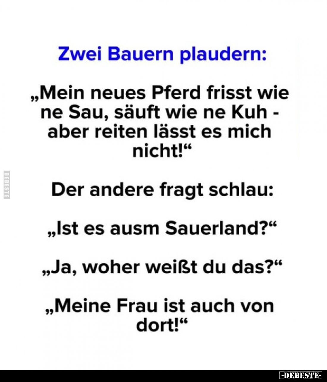 Zwei Bauern plaudern:
„Mein neues Pferd frisst wie ne Sau, säuft wie ne Kuh - aber reiten lässt es mich nicht!"
Der an...