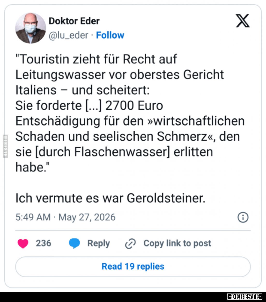 "Touristin zieht für Recht auf Leitungswasser vor oberstes Gericht Italiens – und scheitert: Sie forderte [...] 2700 Eur...