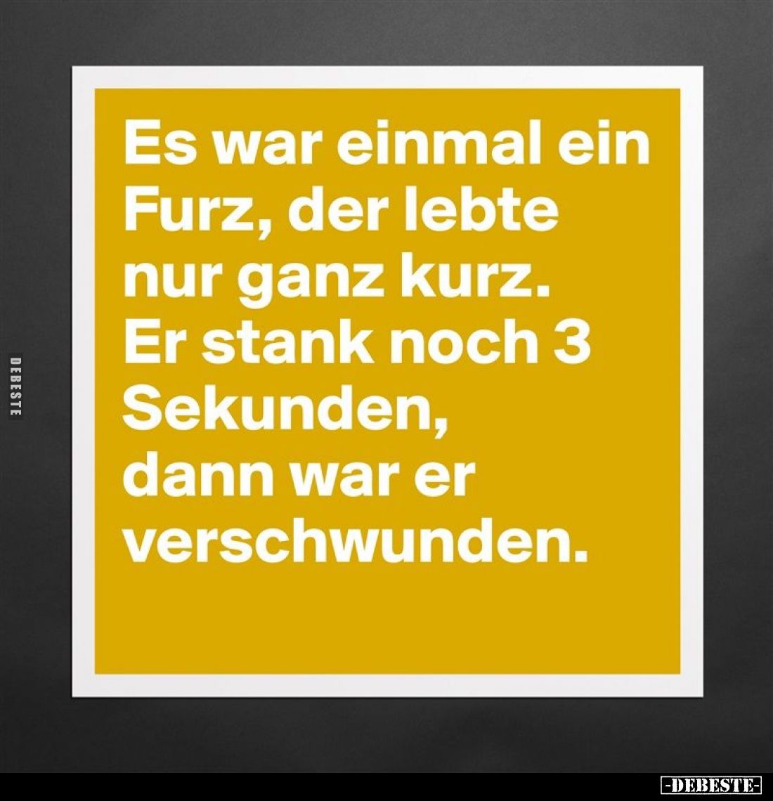 Es war einmal ein Furz, der lebte nur ganz kurz.
Er stank noch 3 Sekunden, dann war er verschwunden.