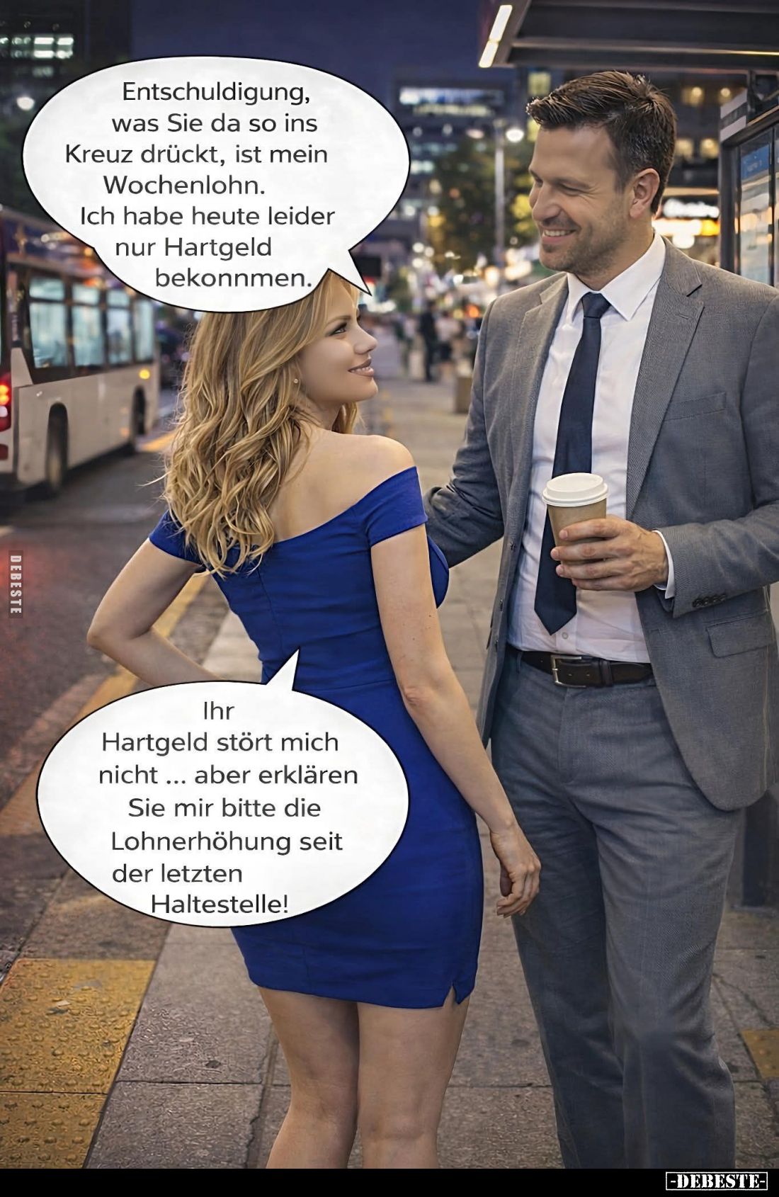 Entschuldigung, was Sie da so ins Kreuz drückt, ist mein Wochenlohn. Ich habe heute leider nur Hartgeld bekonnmen. -
Ihr Har...