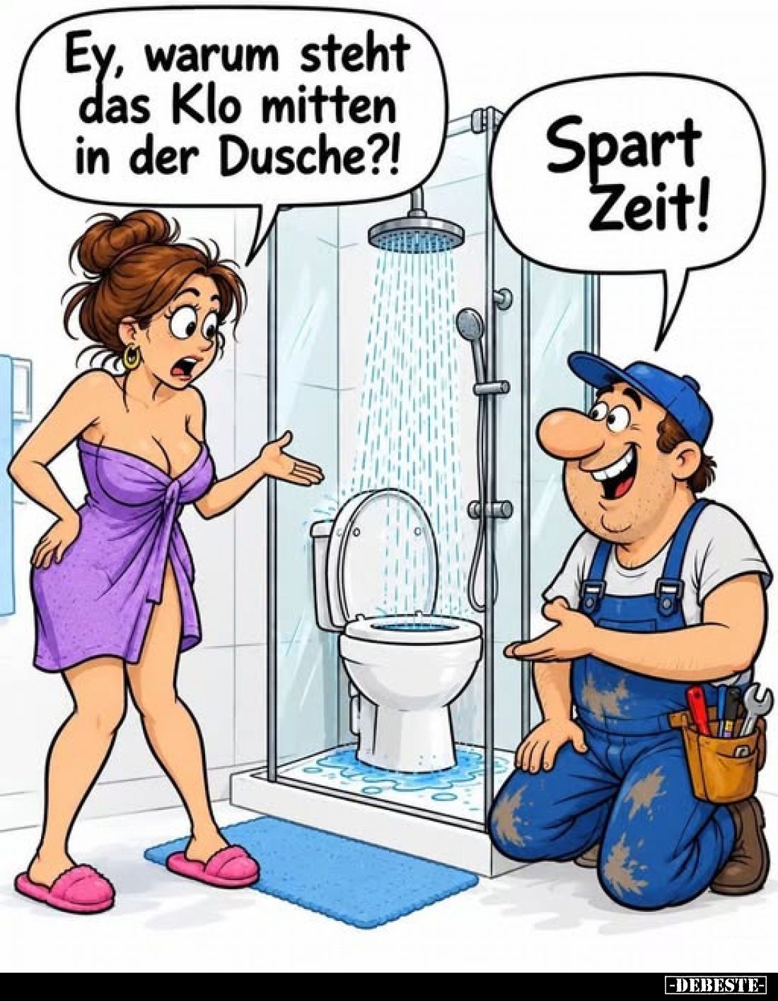 Ey, warum steht das Klo mitten in der Dusche?!
-
Spart Zeit!