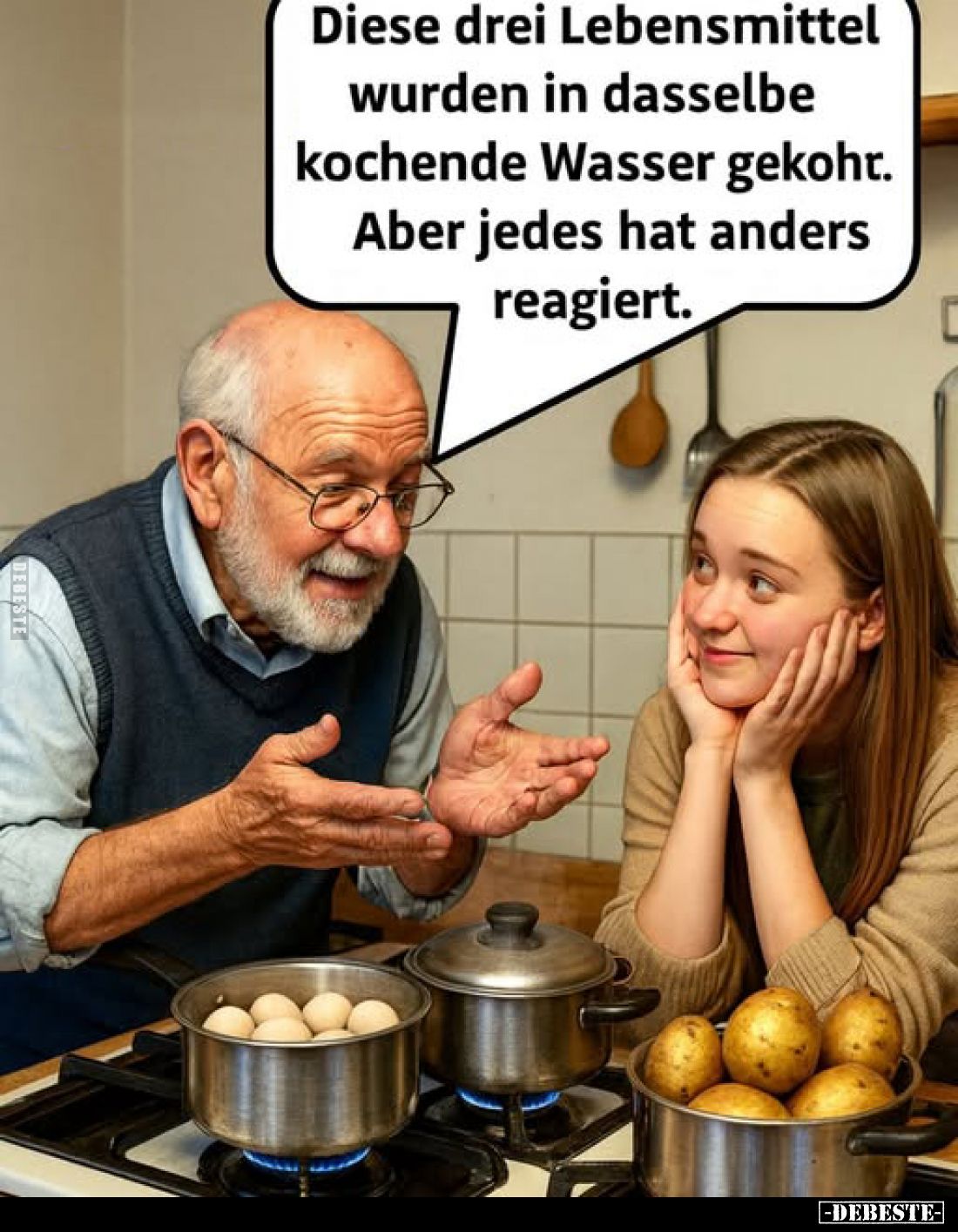 Diese drei Lebensmittel wurden in dasselbe kochende Wasser gekocht. Aber jedes hat anders reagiert.