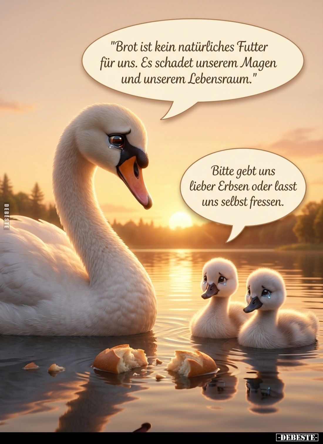 Brot ist kein natürliches Futter für uns. Es schadet unserem Magen und unserem Lebensraum. -
Bitte gebt uns lieber Erbsen od...