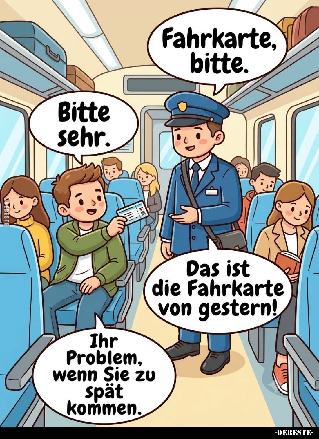 Fahrkarte, bitte. -
Bitte sehr. -
Das ist die Fahrkarte von gestern! -
Ihr Problem, wenn Sie zu spät kommen.