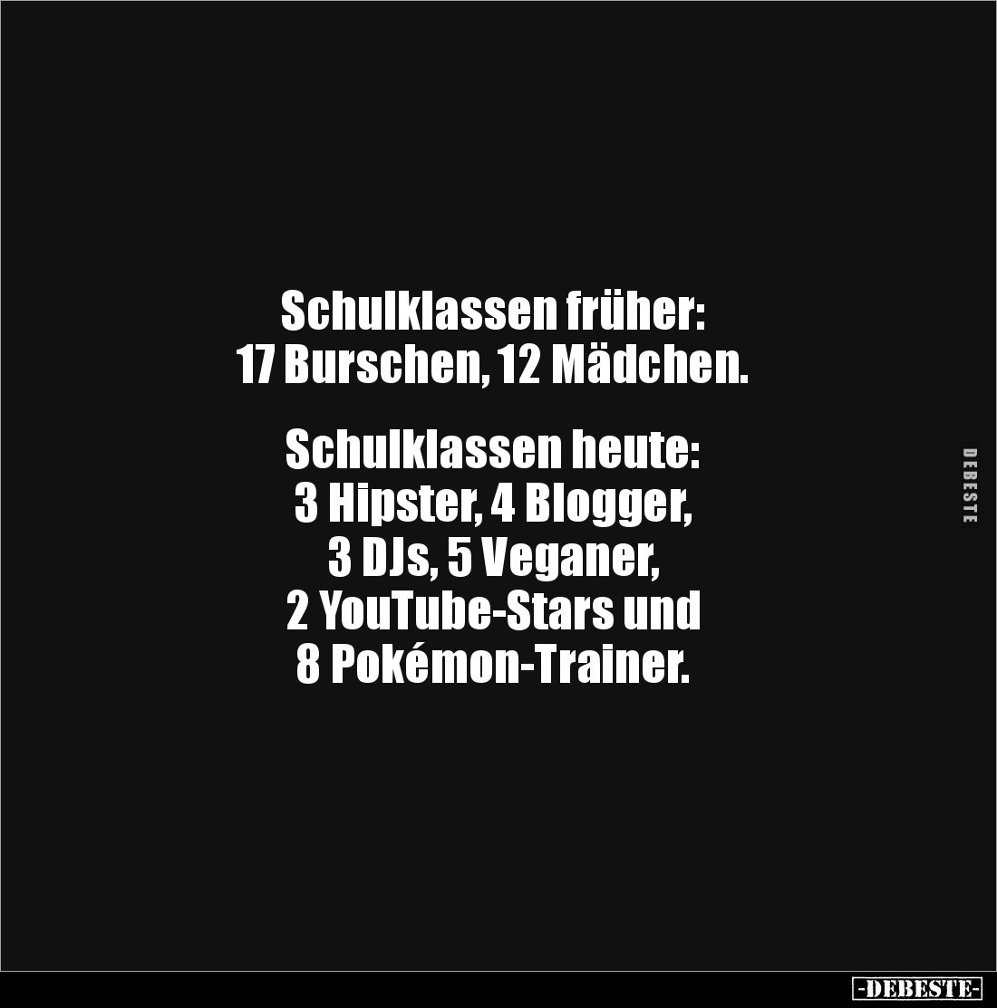 Schulklassen früher: 
17 Burschen, 12 Mädchen. 


Schulklassen heute: 
3 Hipster, 4 Blogger, 
3 DJs, 5 Veganer, 
2 You...