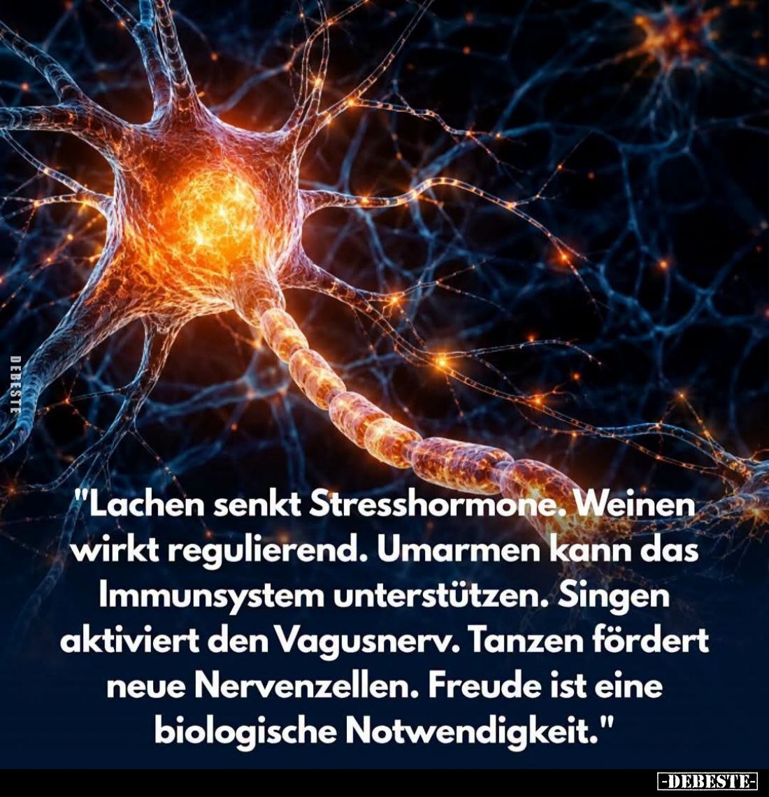 Lachen senkt Stresshormone. Weinen wirkt regulierend. Umarmen kann das Immunsystem unterstützen. Singen aktiviert den Vagusne...