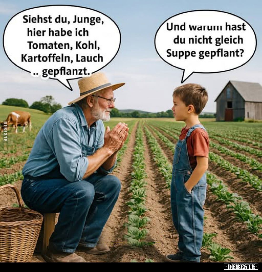 Siehst du, Junge, hier habe ich Tomaten, Kohl, Kartoffeln, Lauch gepflanzt.. -
Und warum hast du nicht gleich Suppe gepflant...