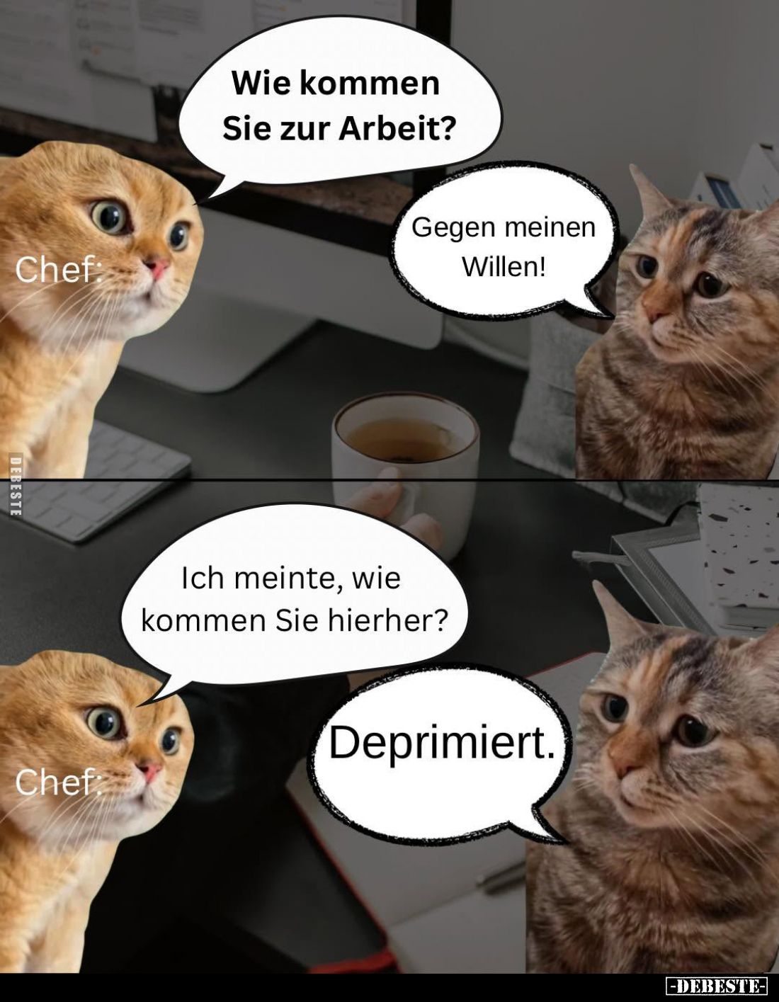 Wie kommen Sie zur Arbeit? -
Gegen meinen Willen!
-
Ich meinte, wie kommen Sie hierher?
-
Deprimiert.