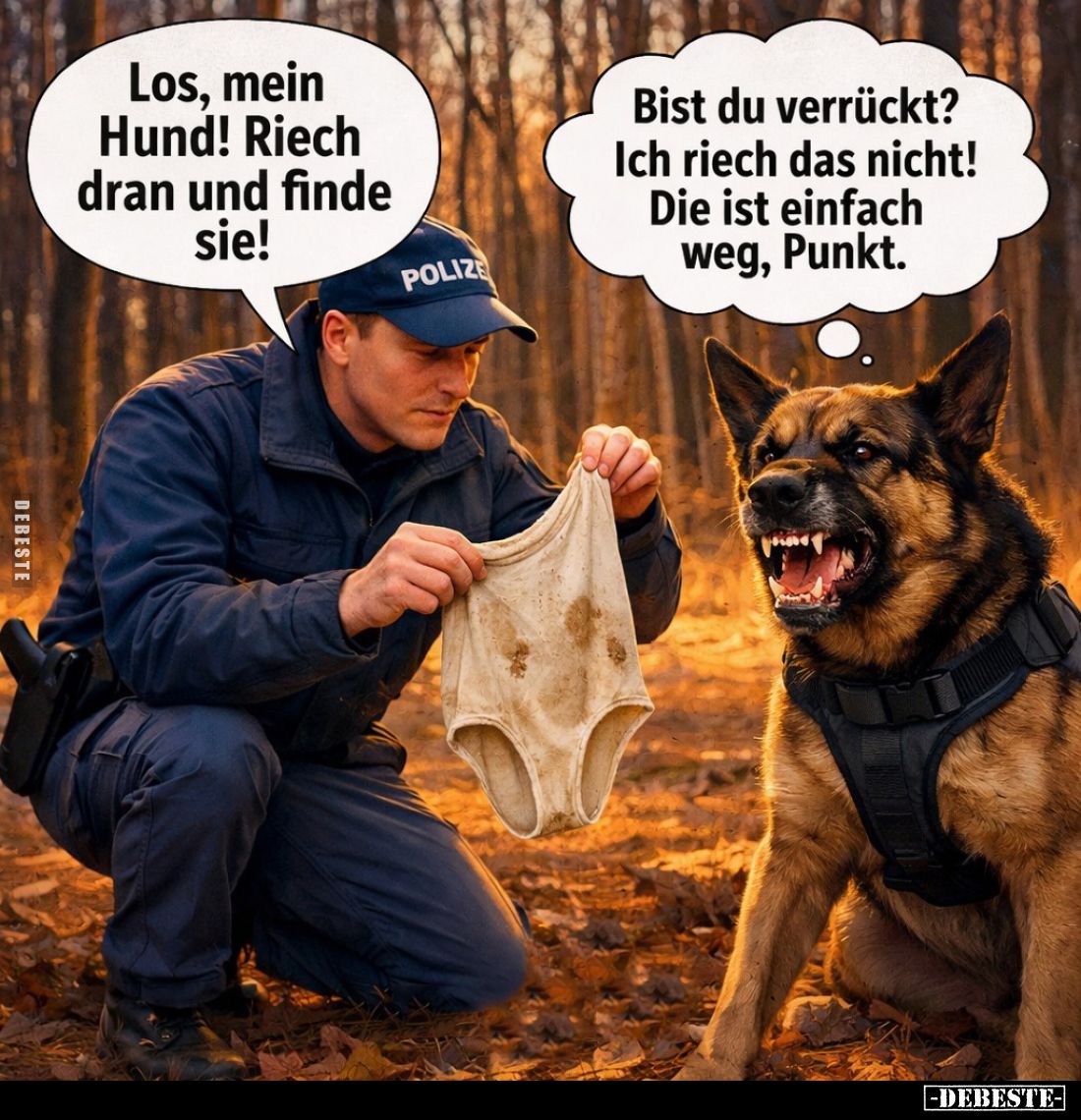 Los, mein Hund! Riech dran und finde sie!
-
Bist du verrückt? Ich riech das nicht!
Die ist einfach weg, Punkt.