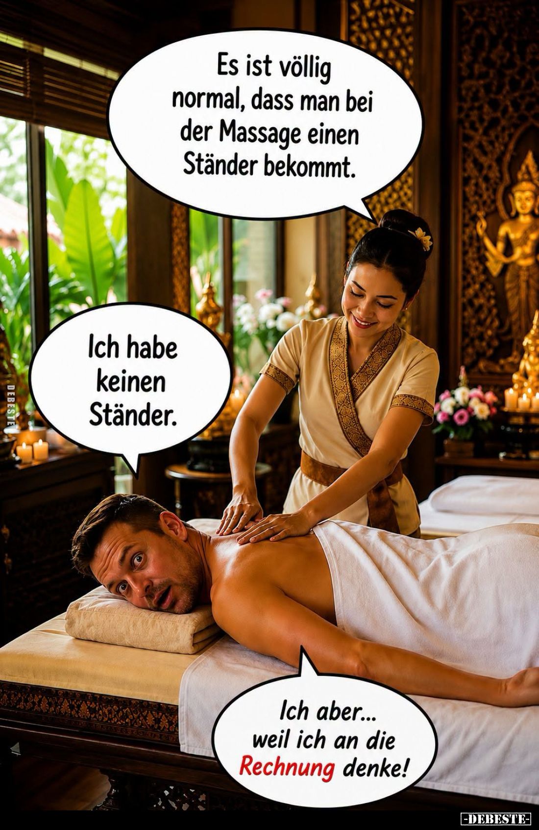 Es ist völlig normal, dass man bei der Massage einen Ständer bekommt.
-
Ich habe keinen Ständer.
-
Ich aber... weil ich a...