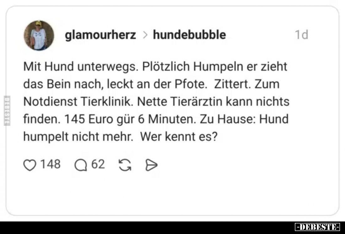 Mit Hund unterwegs.
Plötzlich Humpeln er zieht das Bein nach, leckt an der Pfote.
Zittert.
Zum Notdienst Tierklinik.
Nett...