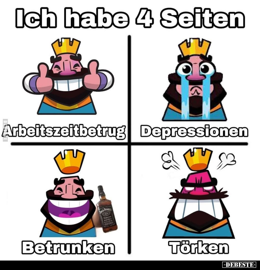 Ich habe 4 Seiten:
Arbeitszeitbetrug;
Depressionen;
Betrunken;
Törken.