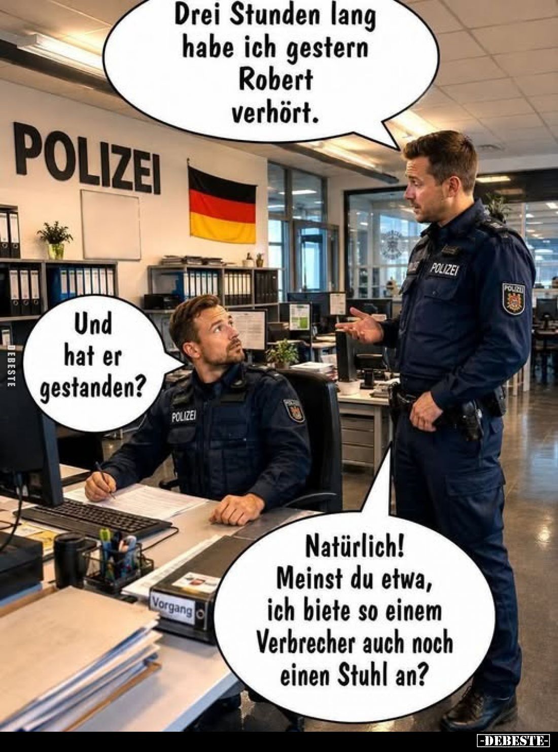 Drei Stunden lang habe ich gestern Robert verhört.

Und hat er gestanden?

Natürlich! Meinst du etwa, ich biete so einem ...