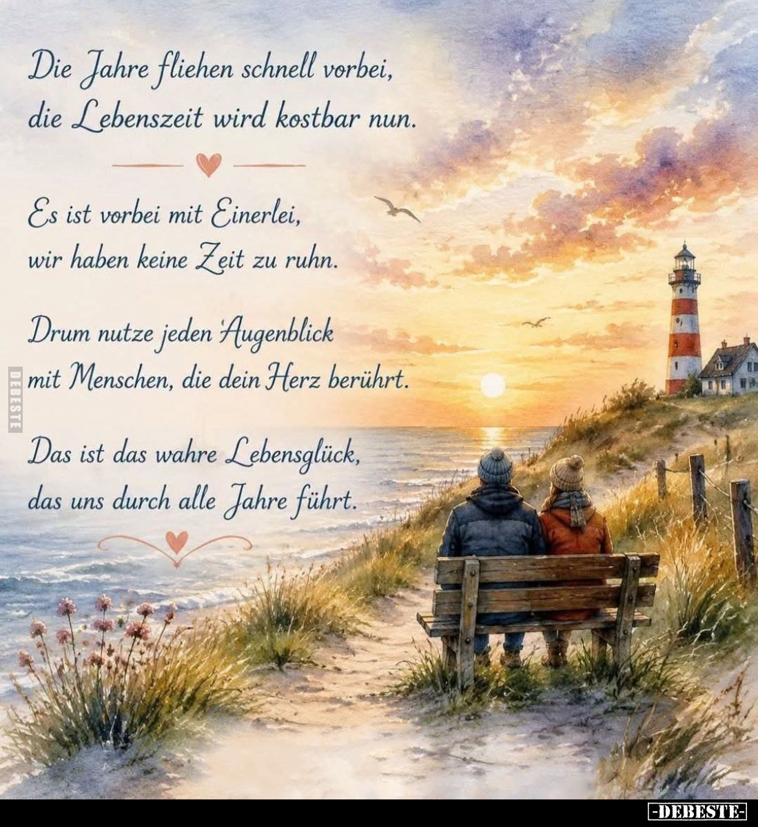 Die Jahre fliehen schnell vorbei,
die Lebenszeit wird kostbar nun.
Es ist vorbei mit Einerlei,
wir haben keine Zeit zu ruh...