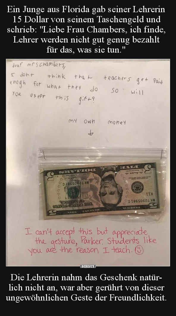 Ein Junge aus Florida gab seiner Lehrerin 15 Dollar von.. - Lustige Bilder | DEBESTE.de