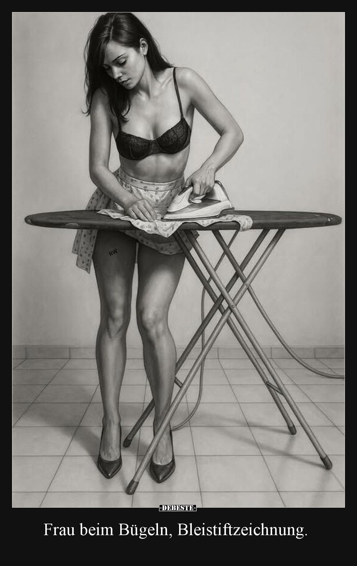 Frau beim Bügeln, Bleistiftzeichnung.