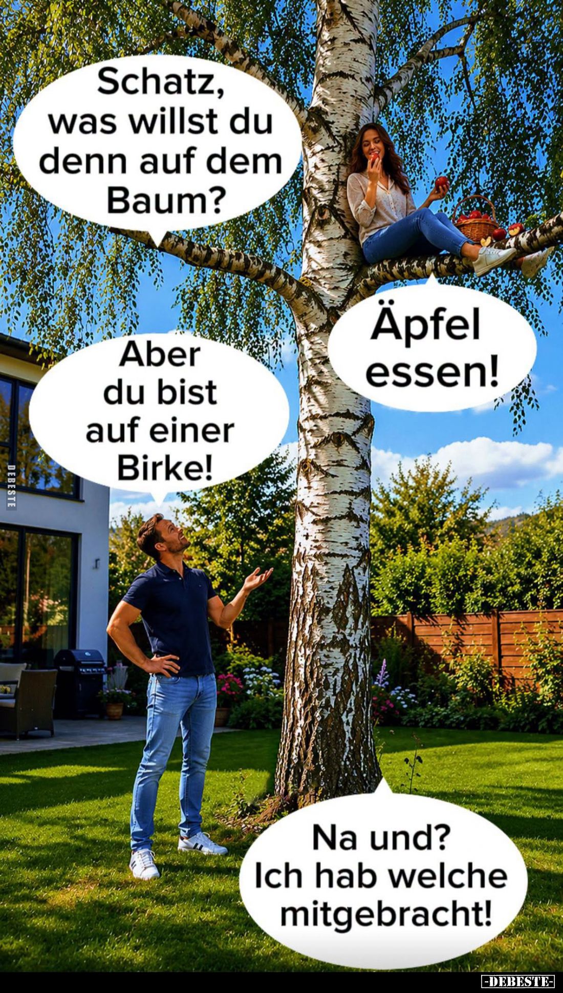 Schatz, was willst du denn auf dem Baum? - Äpfel essen! - 
Aber du bist auf einer Birke!
-
Na und?
Ich hab welche mitgebr...