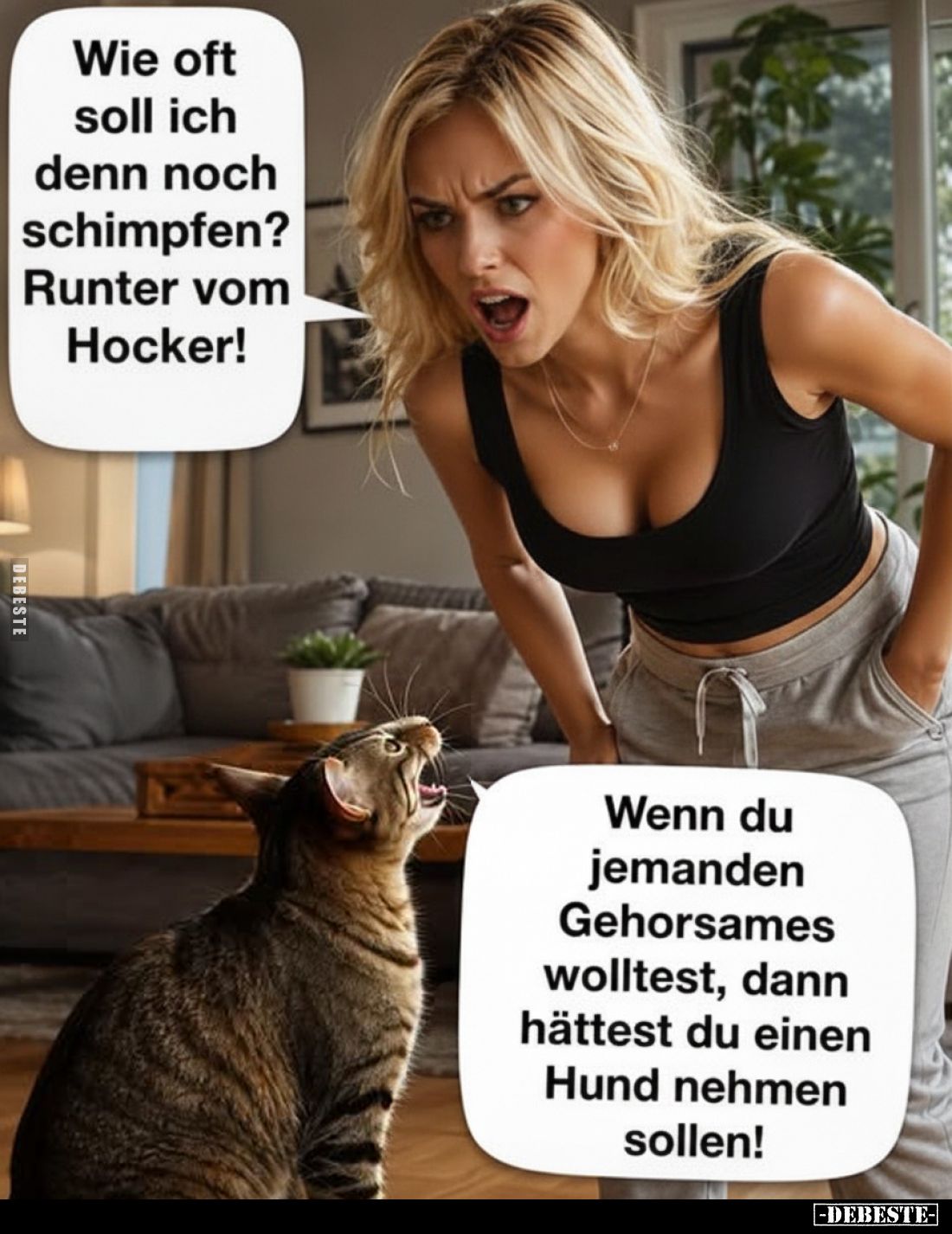 Wie oft soll ich denn noch schimpfen? Runter vom Hocker!
-
Wenn du jemanden Gehorsames wolltest, dann hättest du einen Hund...