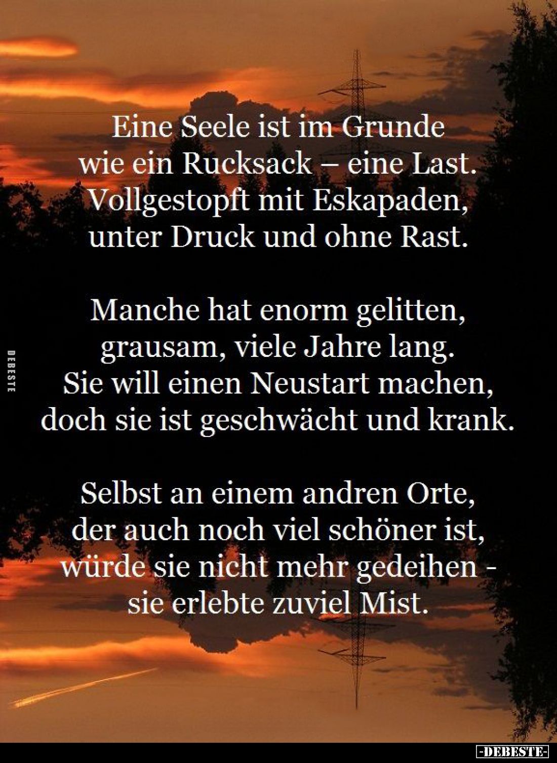 Eine Seele ist im Grunde
wie ein Rucksack - eine Last. Vollgestopft mit Eskapaden, unter Druck und ohne Rast.
Manche hat en...