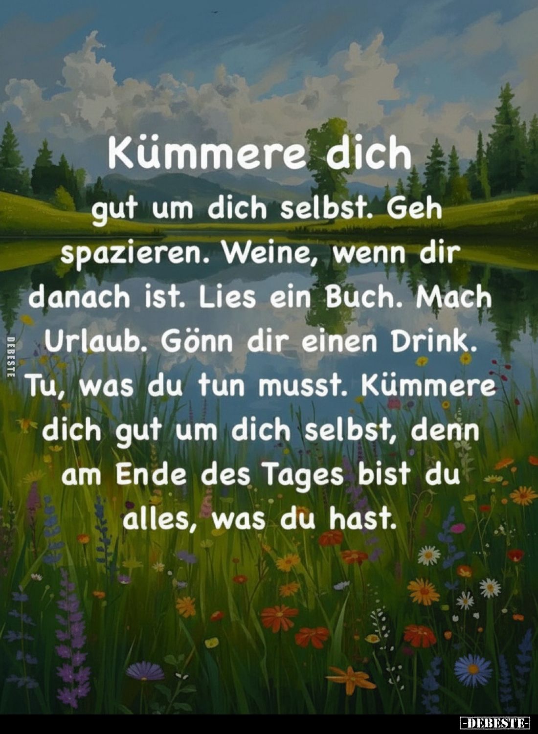 Kümmere dich gut um dich selbst. Geh spazieren. Weine, wenn dir danach ist. Lies ein Buch. Mach Urlaub. Gönn dir einen Drink....