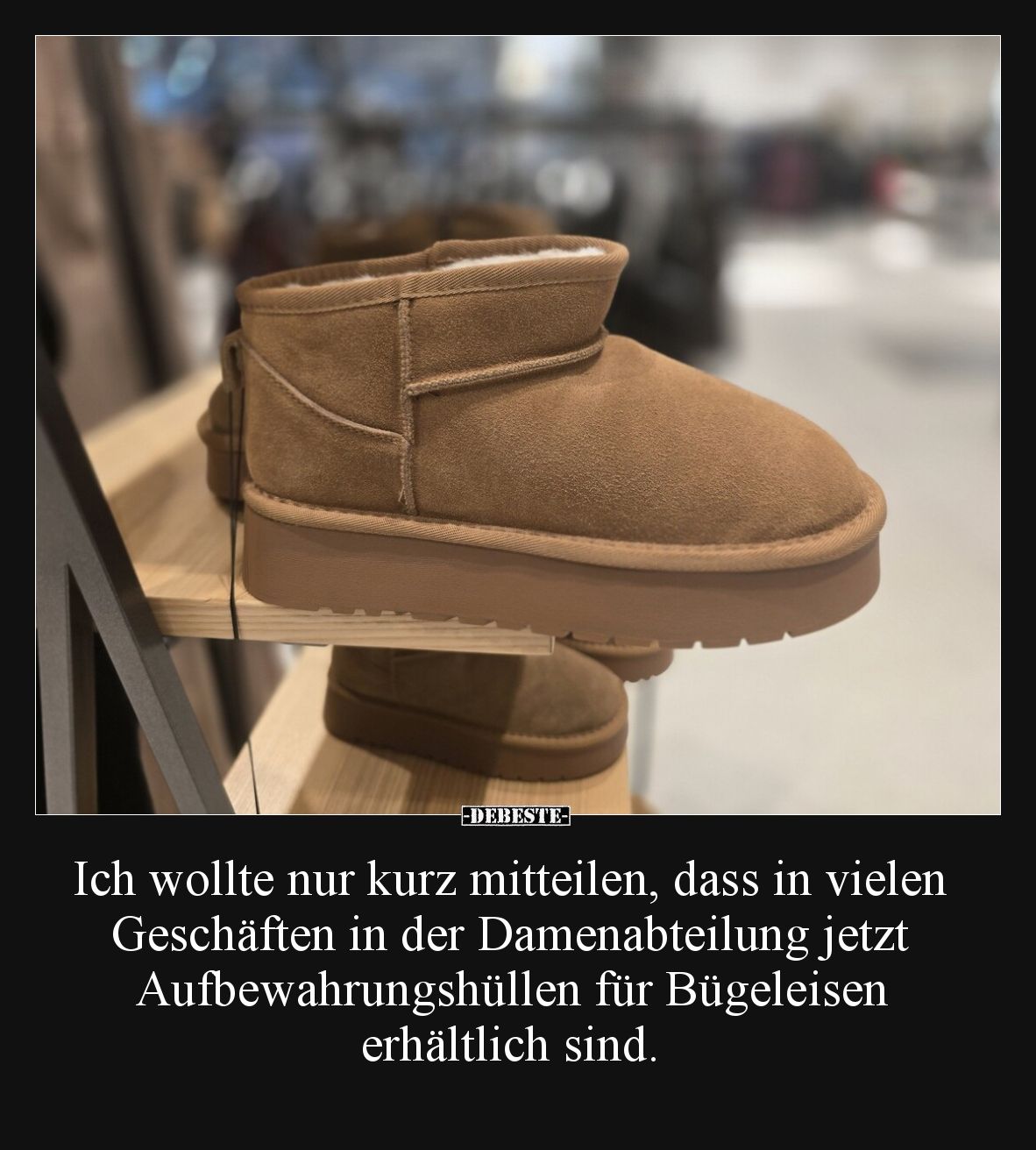 Ich wollte nur kurz mitteilen, dass in vielen Geschäften in der Damenabteilung jetzt Aufbewahrungshüllen für Bügeleisen erhäl...