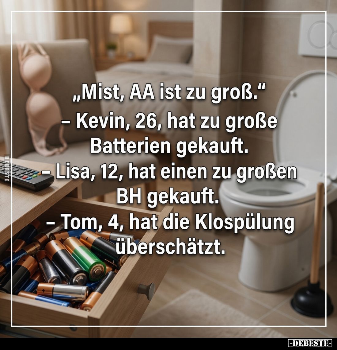 „Mist, AA ist zu groß.“
- Kevin, 26, hat zu große Batterien gekauft.
- Lisa, 12, hat einen zu großen BH gekauft.
- Tom, 4,...