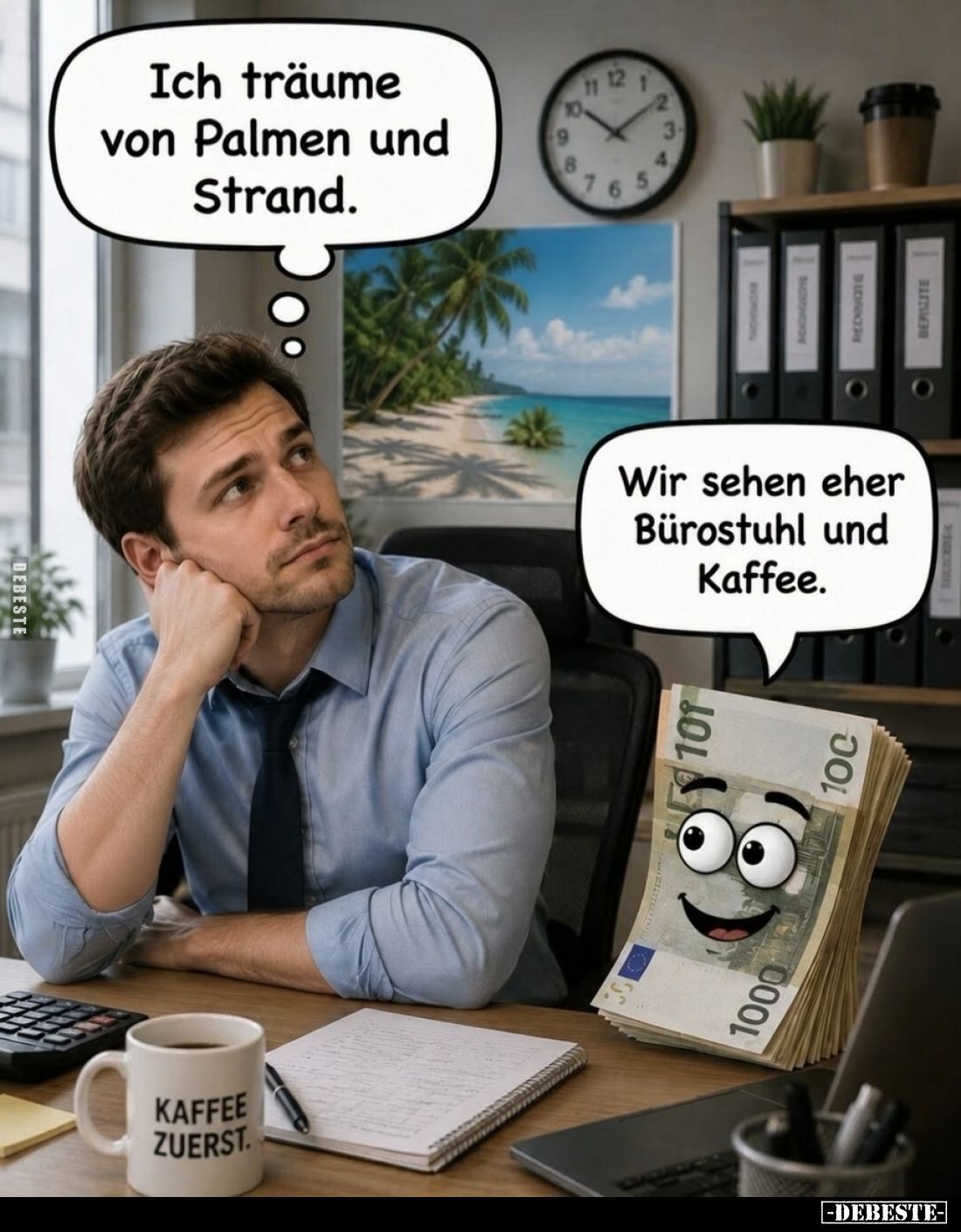 Ich träume von Palmen und Strand. -
Wir sehen eher Bürostuhl und Kaffee.