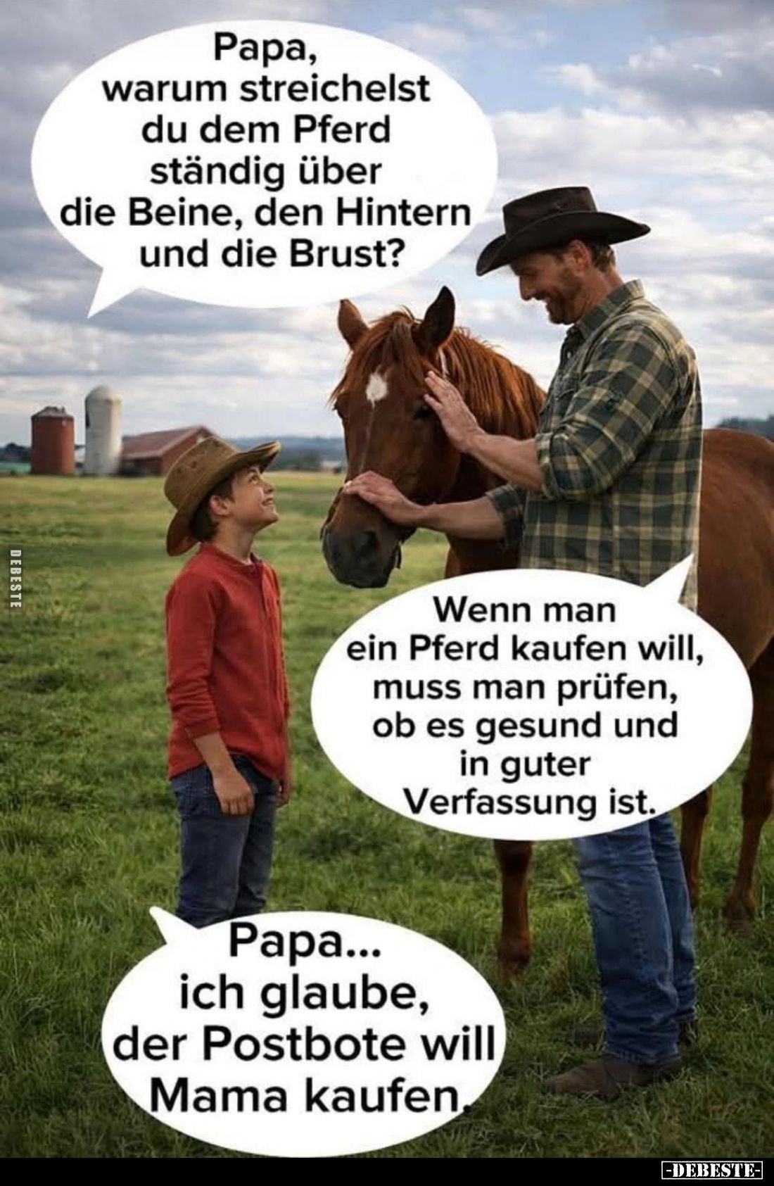 Papa, warum streichelst du dem Pferd ständig über die Beine, den Hintern und die Brust?
Wenn man ein Pferd kaufen will, muss...