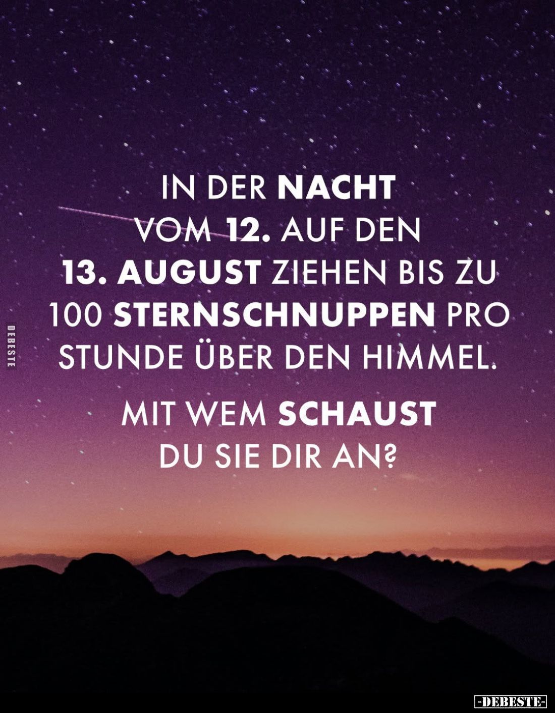 In der Nacht vom 12. auf den 13. August ziehen bis zu 100 Sternschnuppen pro Stunde über den Himmel.

Mit wem schaust du si...