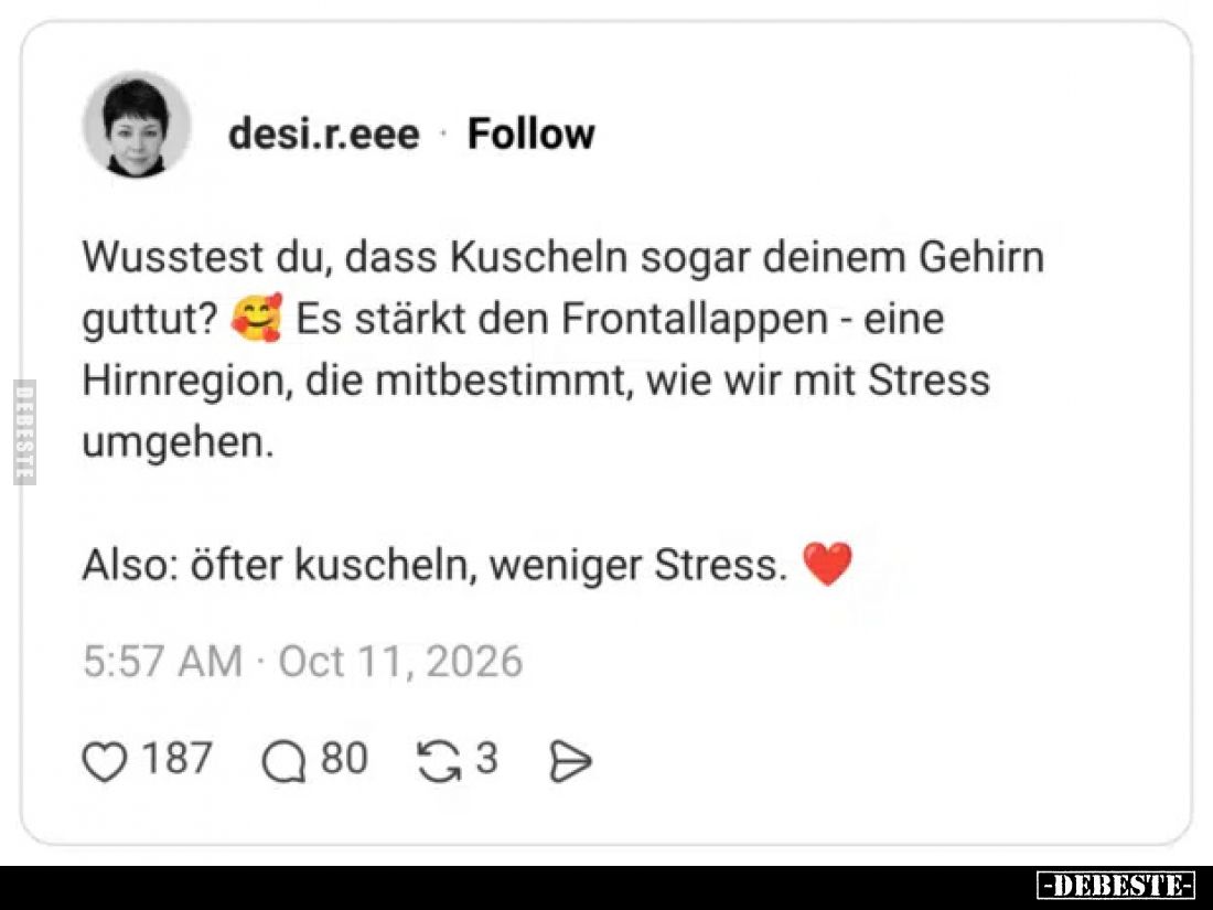Wusstest du, dass Kuscheln sogar deinem Gehirn guttut? Es stärkt den Frontallappen - eine Hirnregion, die mitbestimmt, wie wi...