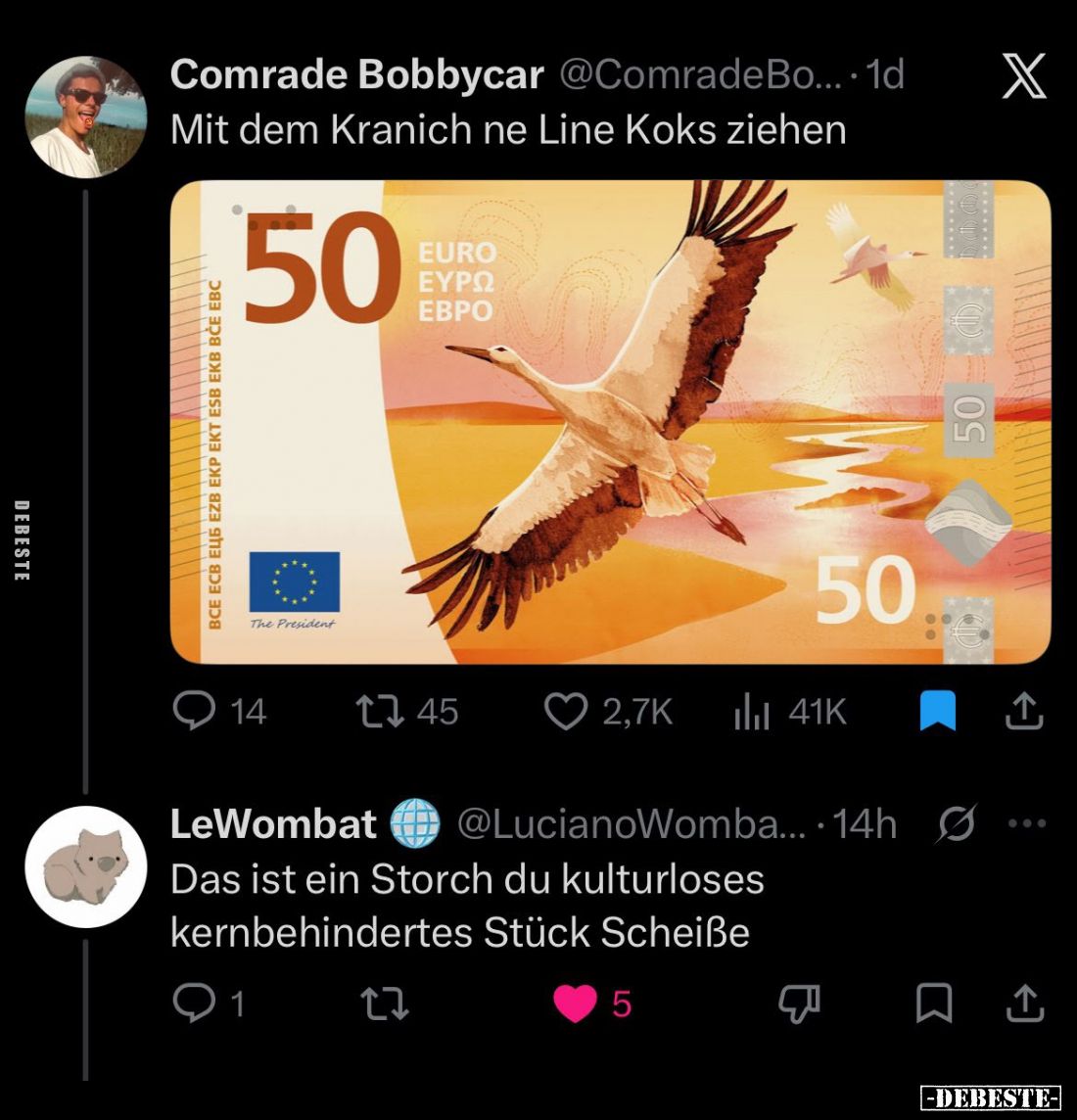 Mit dem Kranich ne Line Koks ziehen.

Das ist ein Storch du kulturloses kernbehindertes Stück Scheiße.