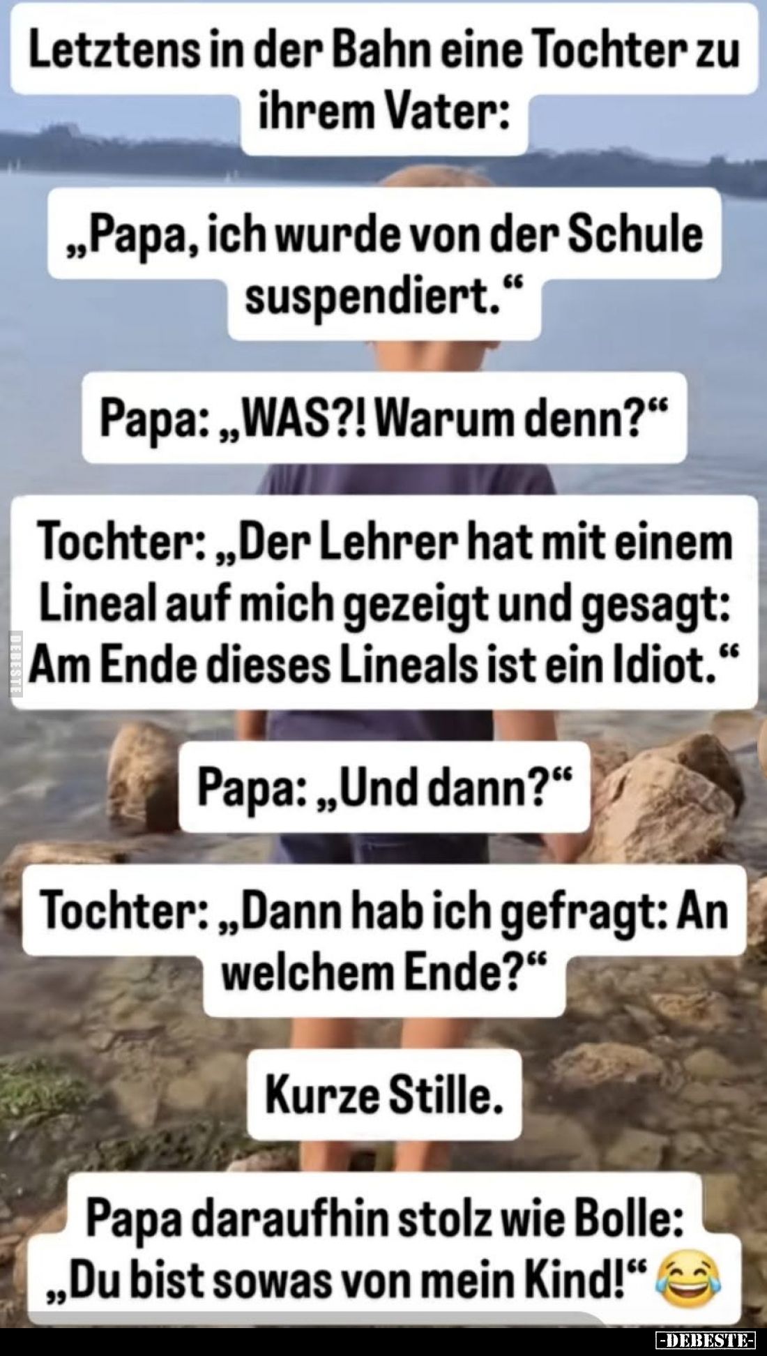 Letztens in der Bahn eine Tochter zu ihrem Vater:
"Papa, ich wurde von der Schule suspendiert." -
Papa: "WAS...