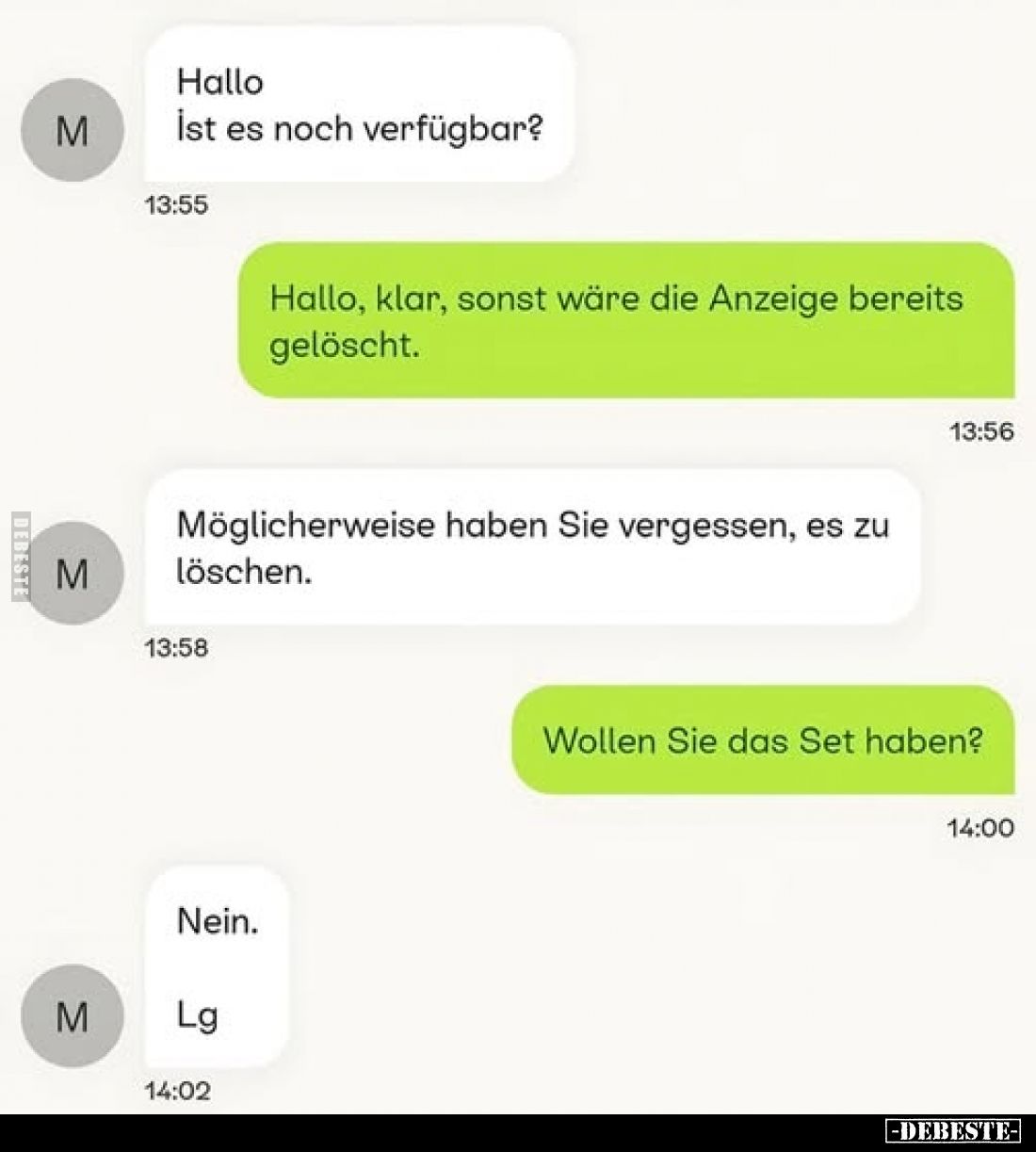 Hallo
İst es noch verfügbar?
-
Hallo, klar, sonst wäre die Anzeige bereits gelöscht.
-
Möglicherweise haben Sie vergesse...