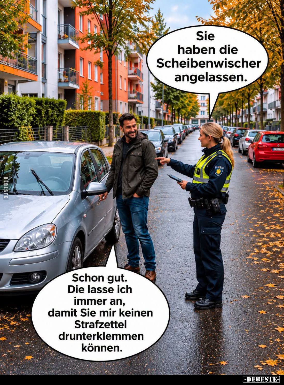 Sie haben die Scheibenwischer angelassen. - Sie haben die Scheibenwischer angelassen.
Schon gut. Die lasse ich immer an, dam...